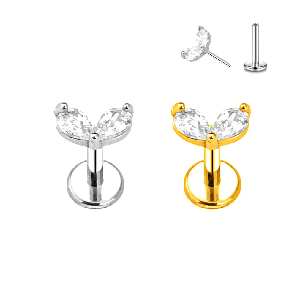

316L Surgical Steel Rabbit Ear Threadless Piercing CZ Zircon Pin Push in Labret Stud Flower Leaf Conch Daith Earring 16G 18G 20G