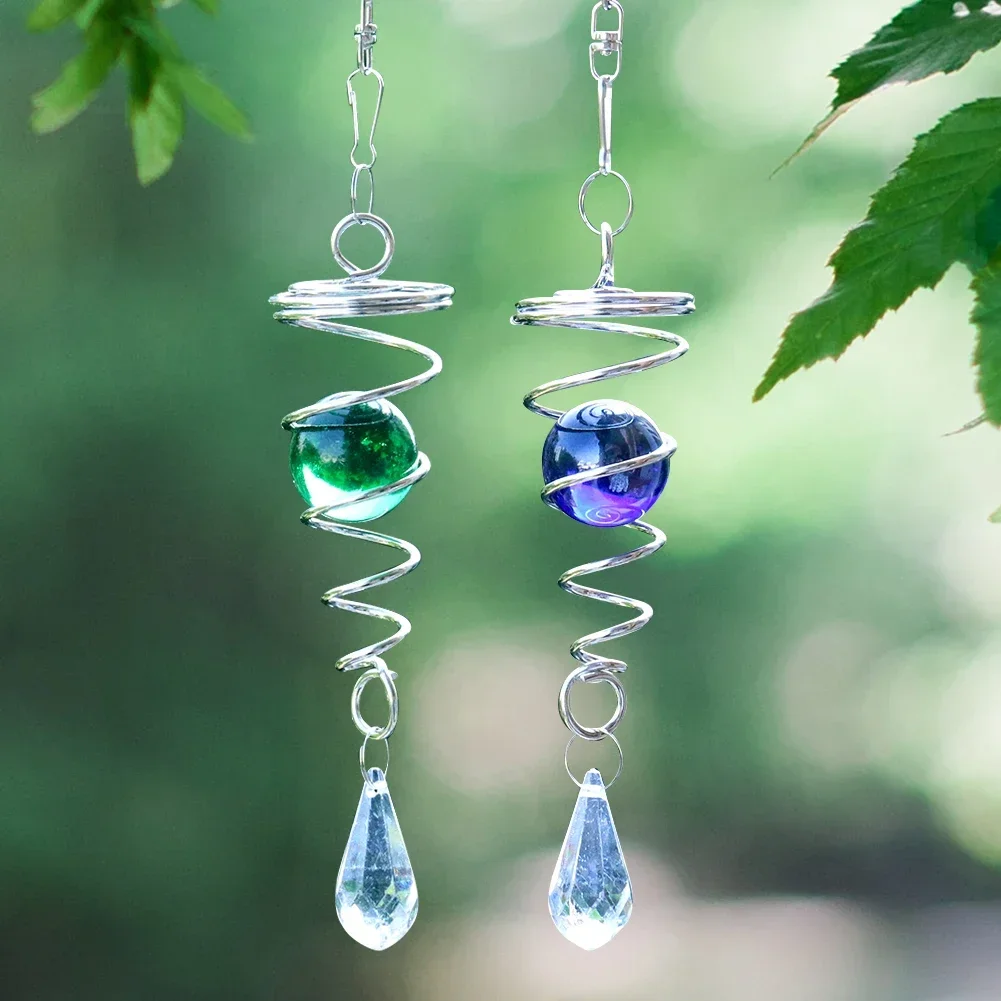 Outdoor Wind Chimes Rotating Spiral Tail Wind Spinner Crystal Glass Ball Pendant Garden Window Hanging Decorations