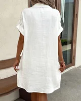 Summer Solid Simple Short Sleeve Shirt Dress Women's Turn-down Collar Single Breasted Casual Elegant Ladies Loose Dresses 2