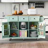 Rolling Kitchen Island with Drop-Leaf Countertop, 5 Wheels, Storage Cabinet & 3 Drawers, Rubber Wood, Mint Green, Mobile Cart 2