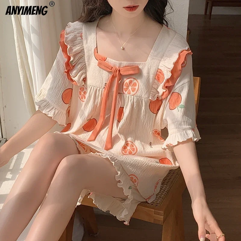 Princess Style Navy Lapel Summer Women Pijamas Crew Neck Knitted Cotton Girl Sleepwear Woman Pajamas Set Chic Short Dressing