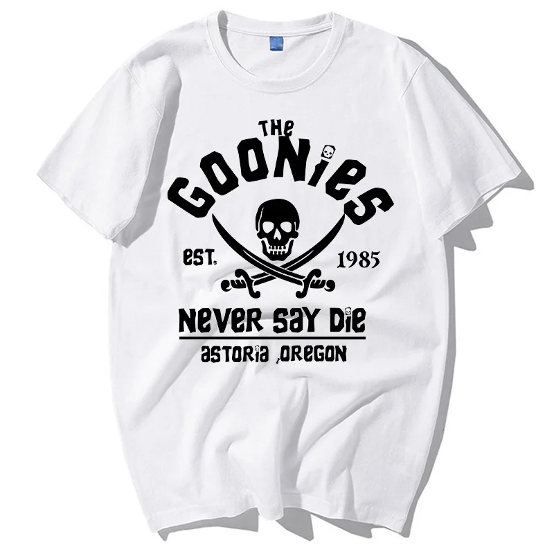 Cooler Schädel die Goonies est.1995 sagen nie sterben Astoria Oregon Print T-Shirts für Frauen Sommer mode lässig Kurzarm rund – Detail 6