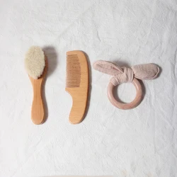 Luxury Baby Care Gift Set - Natural Wool Brush & Beech Wooden Comb with Baby Bib and Pacifier Clip (GRAY)