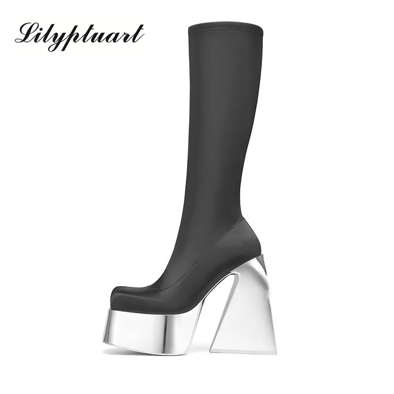 

Women's Shoes of European and American Brands In Autumn and Winter, Thick Heels, Thick Soles and Knee Length Banquet Show Shoes