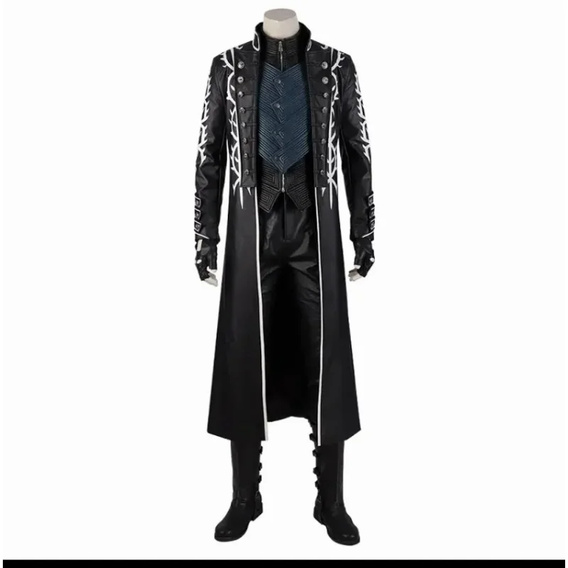 

Hot Game DMC5 Cosplay Vergil Costume Nelo Complete Outfit with Boots Halloween Carnival Men Suit Jacket Vest Custom Made