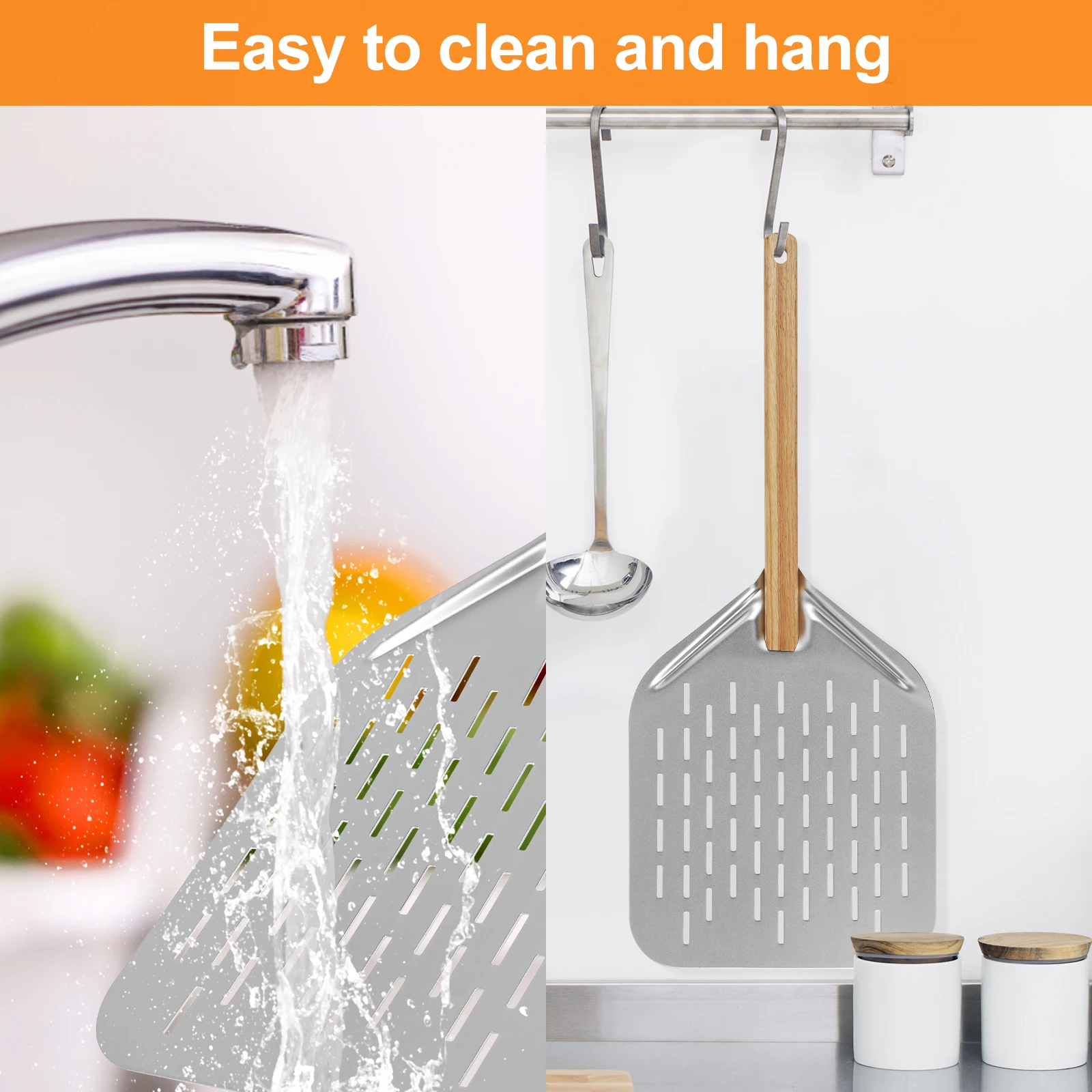 12in Pizza Peel Aluminium Alloy Lightweight Pizza Shovel Non-Stick Perforated Pizza Shovel with Woodiness Handle for Pizza Bread