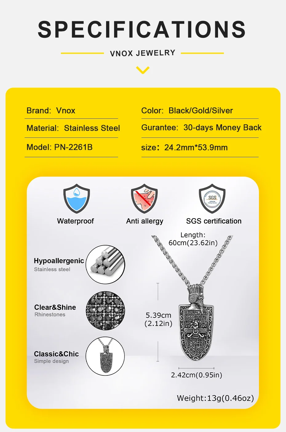 Vnox Zoroastrische Anhänger-Halskette aus Edelstahl für Herren, schwarzer Schild-Charm, religiöser Schmuck, Geschenk, langlebiges Kettenzubehör ‌ – Detail 4
