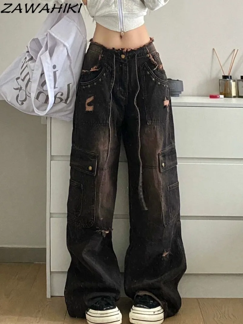 

ZAWAHIKI Ripped Jeans for Women Vintage Fashion Loose Washed Frayed High Waist Straight Wide Leg All Match Chic Slouchy Pants