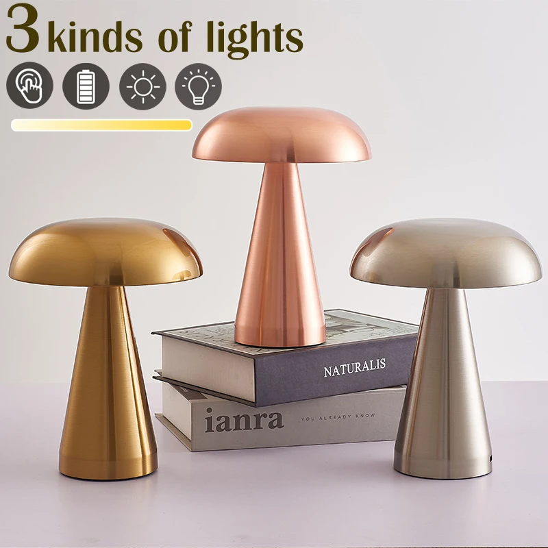 

Retro Mushroom Table Lamp Cordless Touch Dimming Desktop Night Lights Rechargeable Bedside Lamp Gold Table Lamp for Bar Decor