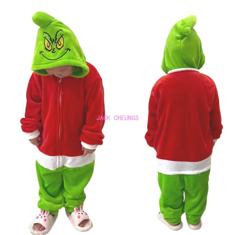 Kids Zipper Grinch Kigurumi Onesies Pajama Boy Girl Sleepwear Halloween Jumpsuit Animal Grinch Cosplay Onesies Pajamas cosplay costumes