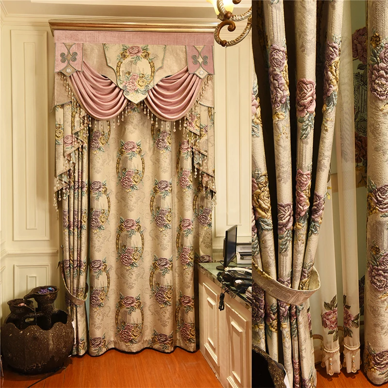 

European-Style Top Luxury Beige Thickened Full Blackout Living Room Curtain Purple 4D Jacquard Bedroom Study Valance Curtain