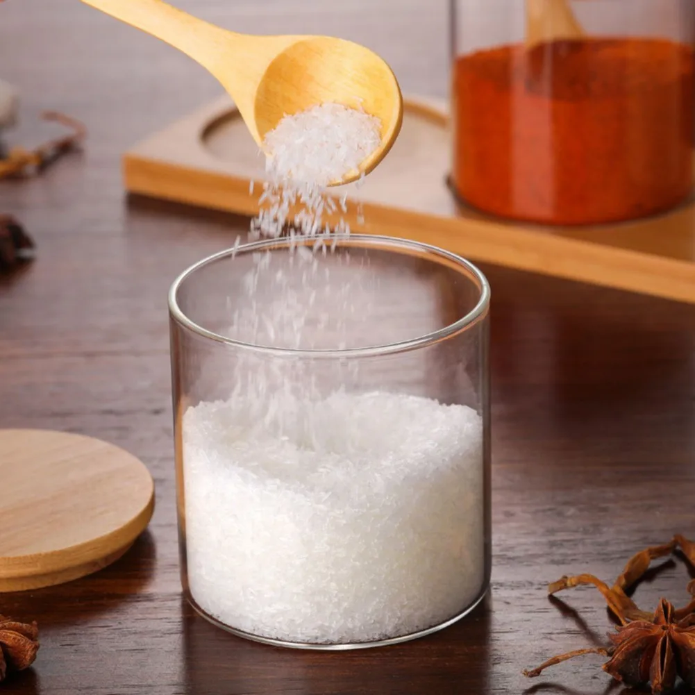 Glass Seasoning Storage Jars Bamboo Lid And Spoon Kitchen Spice Box Seasoning Container Sugar Salt Pepper Jar