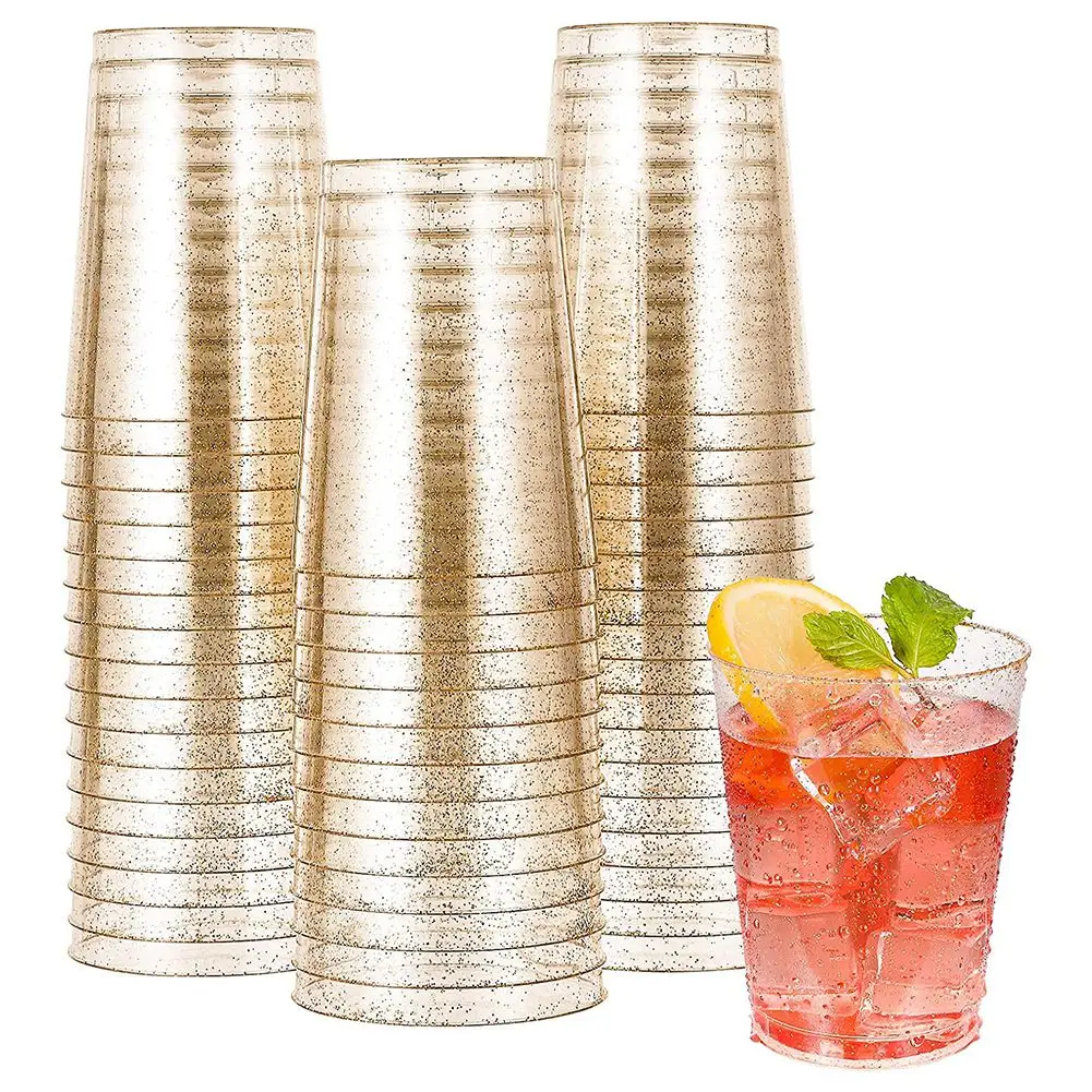 Gold Plastic Cups Disposable Gold Glitter Plastic Wine Glasses Clear Cups Tumblers Christmas Party Cups