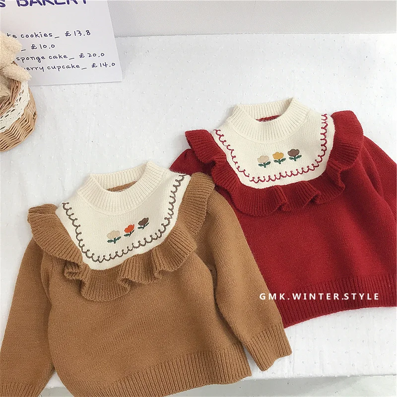 

Girls Sweater Wool Coat Kids Tops Knitting 2022 Flowers Thicken Warm Winter Autumn Toddler Cottons Children's Clothing