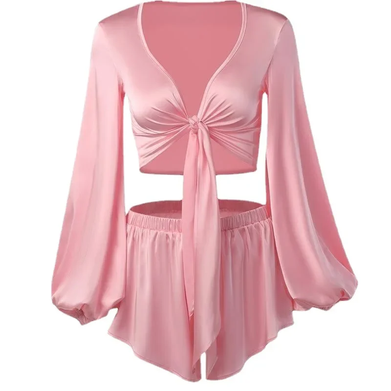 Women's Shorts Suits Fashion Sexy Lace-up V Neck Cropped Long Sleeve Blouses Two Piece Sets Femme Commute Elegant Clothes YXQ20