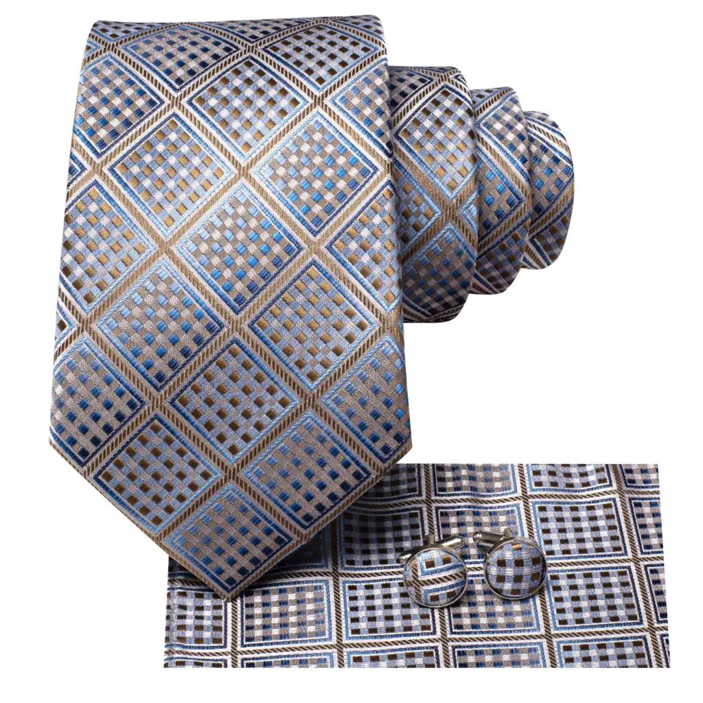 Plaid Braun Blau Seide Hochzeit Krawatte Für Männer Einstecktuch Manschettenknopf Geschenk Männer Krawatte Fashion Business Party Dropshipping Hallo-krawatte Designer – Detail 9