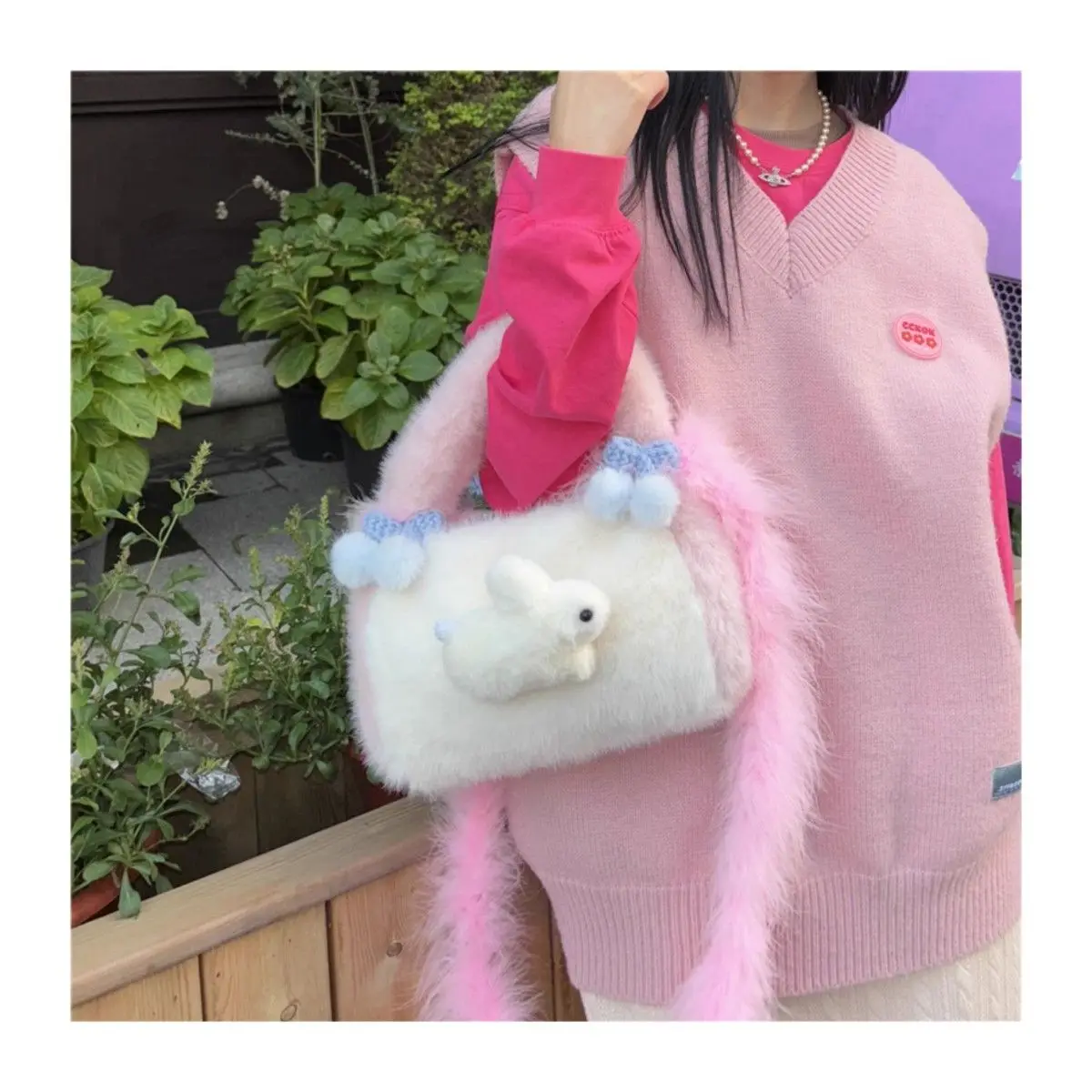 JIAERDI Harajuku Rabbit Y2k Messenger Bag Women Sweet Cute Plush White Hand Bag Purse Female Hot Girls Casual Crossbody Bag 2025