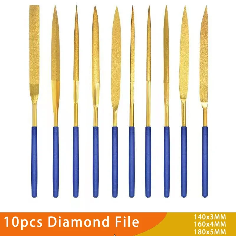 Mini-Nadel-Diamantfeilen-Set, 10 Stück, 3 x 140/4 x 160/5 x 180 mm, für Juweliere, Diamantschnitzerei, Metall, Glas und Stein, Kunsthandwerk, Handwerkzeug – Detail 2