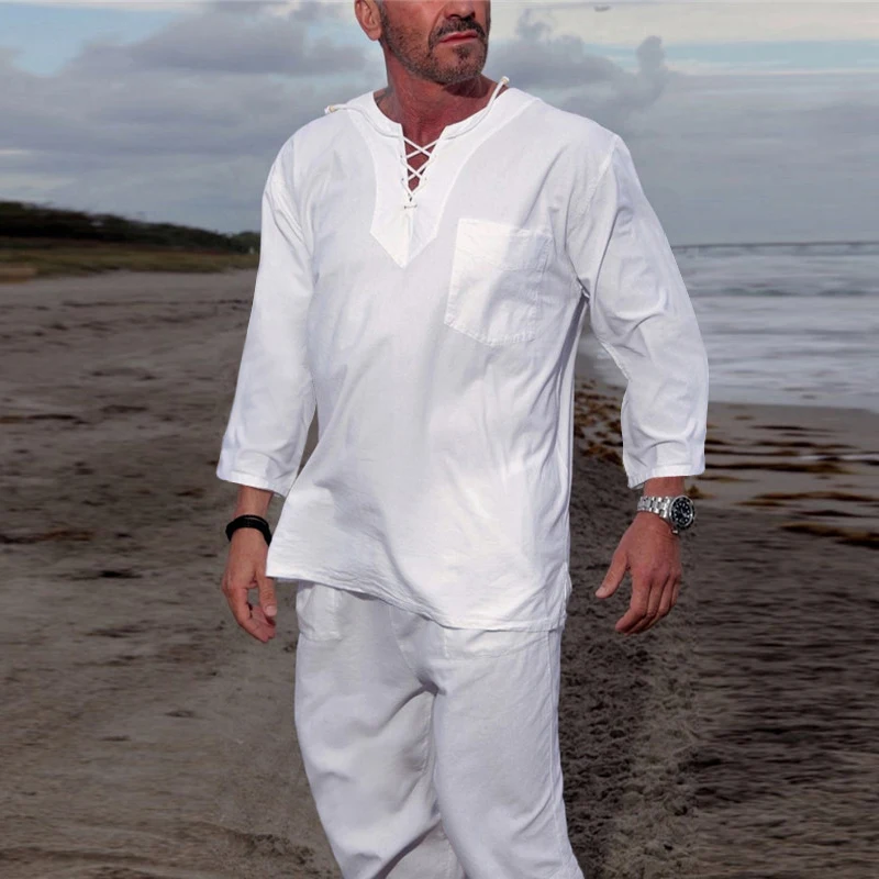 

Breathable Cotton Linen Set Men Long Sleeve Shirt Top & Pockets Pants Suits Streetwear Mens Casual Solid Two Piece Tracksuit