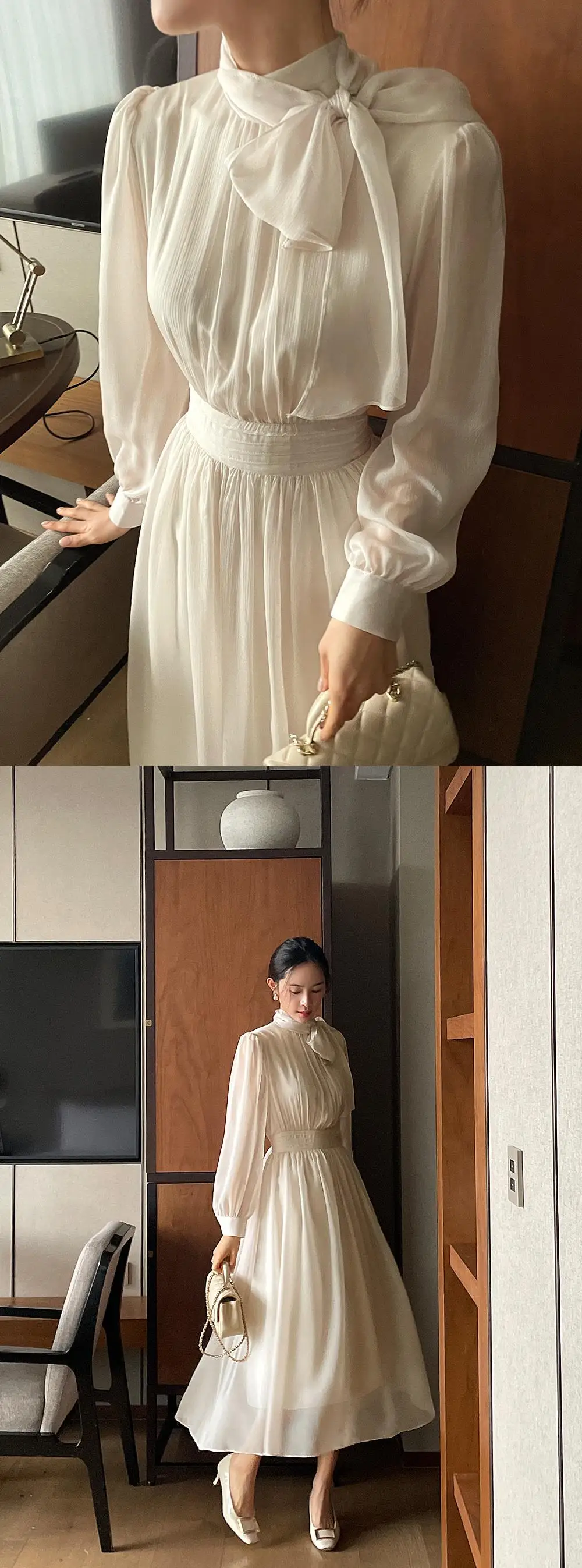 Elegant Midi Dresses for Women Long Sleeves Half High Collar Lace-up A-line Korean Fashion Autumn New One Piece Vestido Mujer