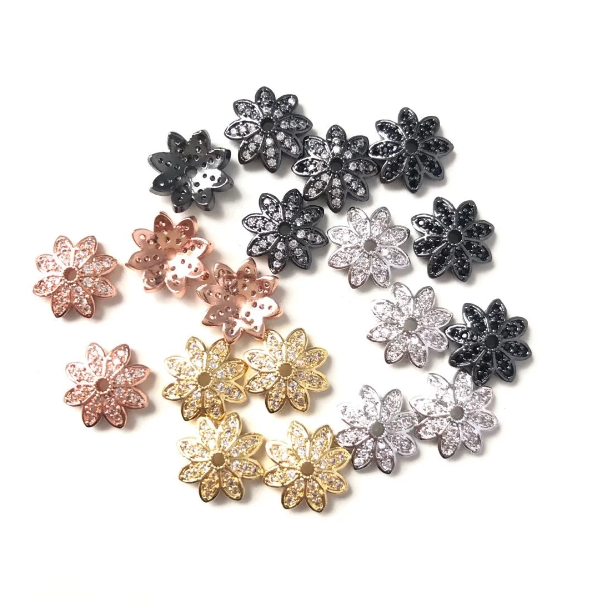 20pcs/lot 10.9mm Flower Spacer Beads Caps for Girl Bracelet Making Cubic Zirconia Micro Pave Gold-Plate Jewelry Accessory Supply