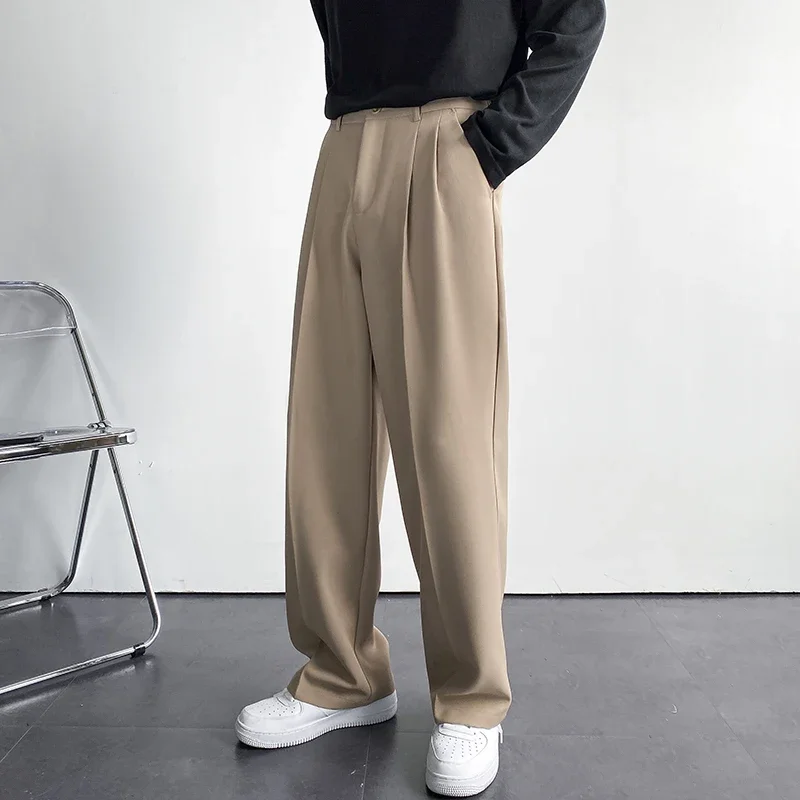 New Fashion Men's Oversize Suit Pants Wide Leg Long Drape Trousers Solid Straight High Waist Casual Pant Black White Khaki