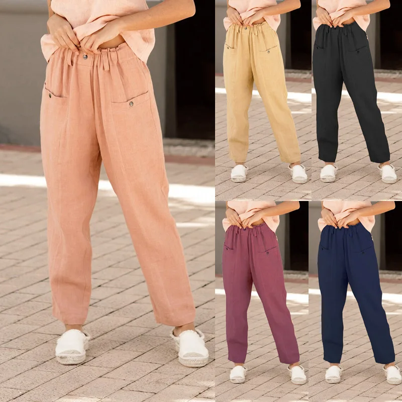 2023 Spring Summer Womens Clothing Cotton Linen Elastic Mid Waist Trousers Fashion Patchwork Pockets Loose Wide Leg Pants