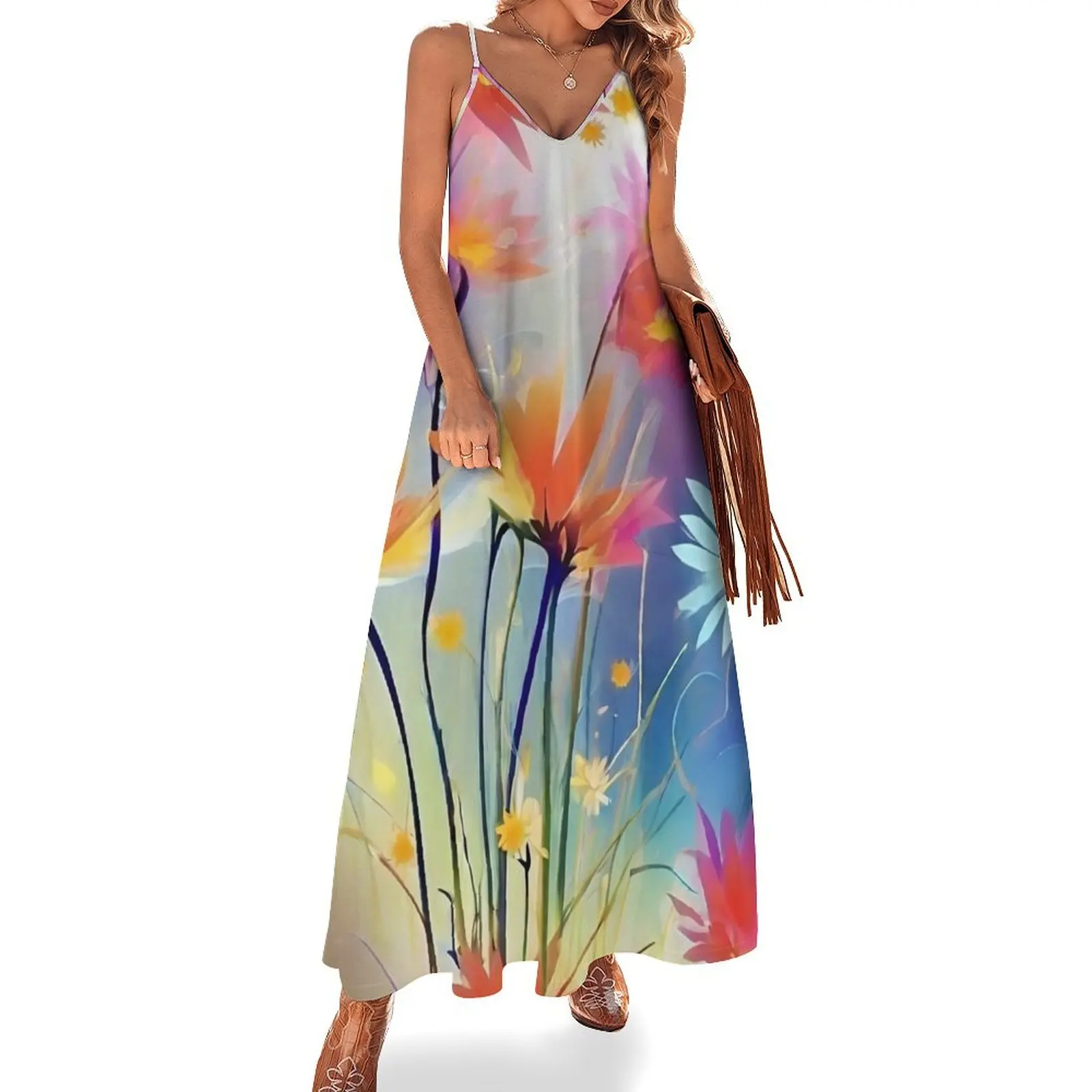

A beautiful flowers blooming, abstract bright colour pattern Sleeveless Dress elegant and pretty women's dresses