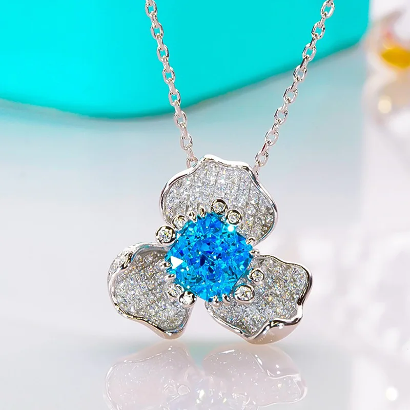 

New S925 Silver Ocean Blue Treasure 7 * 7 Radian Luxury Full Diamond Luxury Set Necklace Pendant for Women