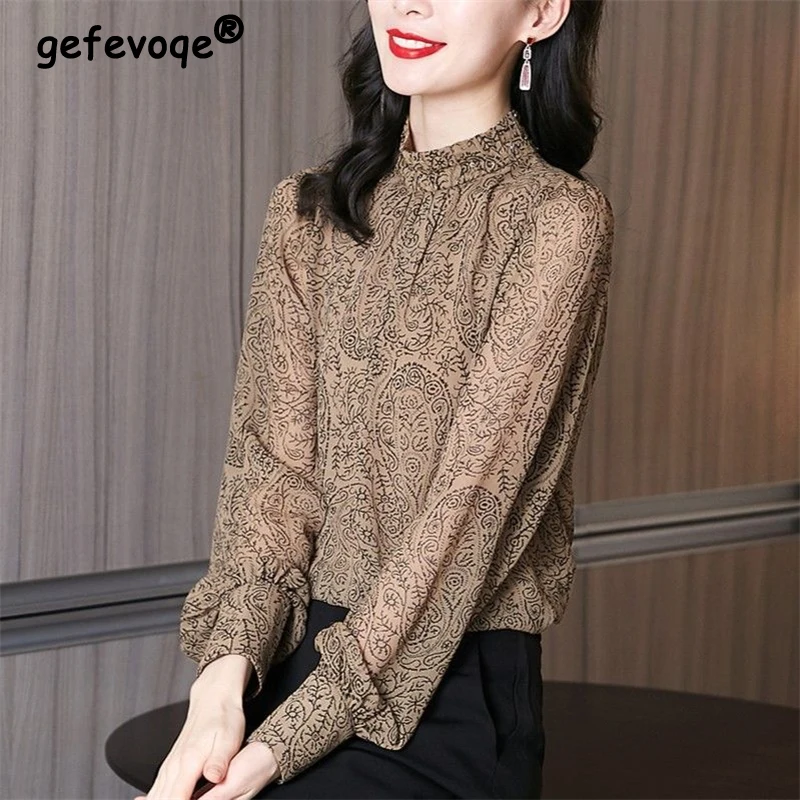 MUKZIN“Capsule Collection”Vintage Brown Sheer Ruffle Blouse | Boho Long Sleeve Top