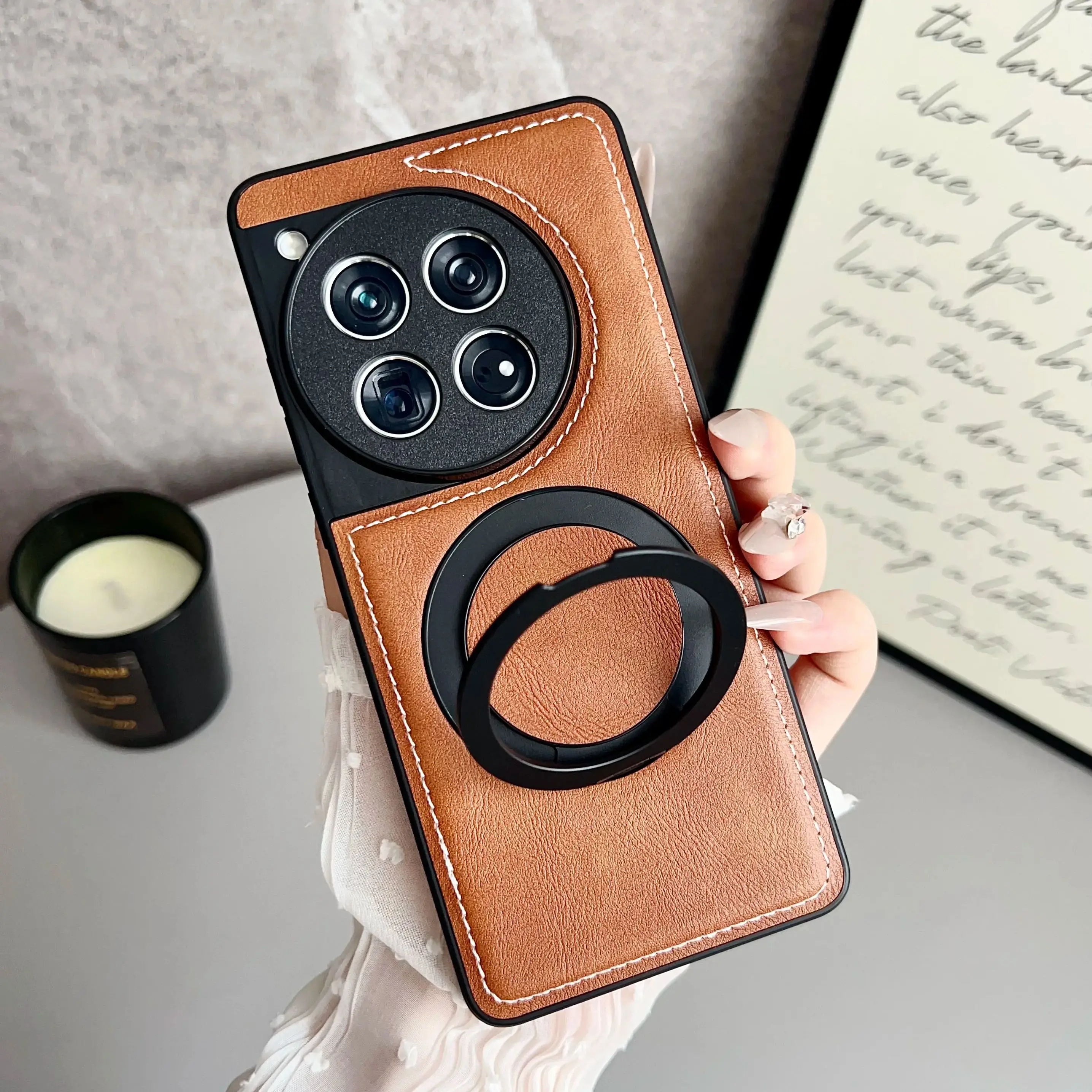 Rotating Magnetic Leather Texture Phone Case with Magsafe Ring Holder and Bumper Cover