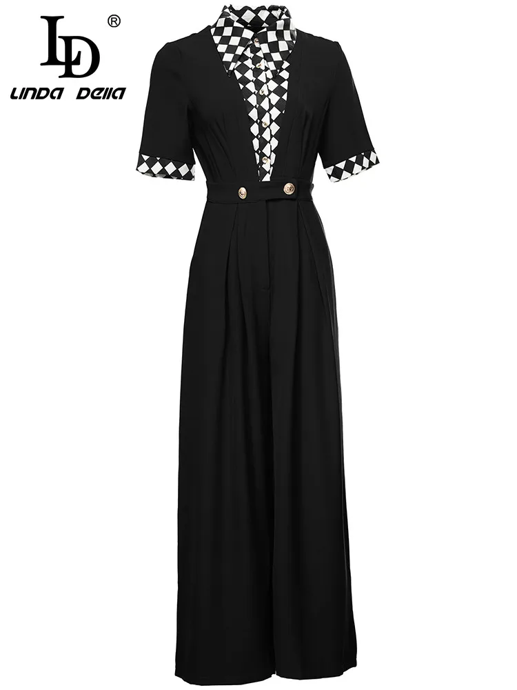 

LD LINDA DELLA 2023, Дизайнерские летние женские модные комбинезоны, черные клетчатые широкие брюки с коротким рукавом и принтом, комбинезон