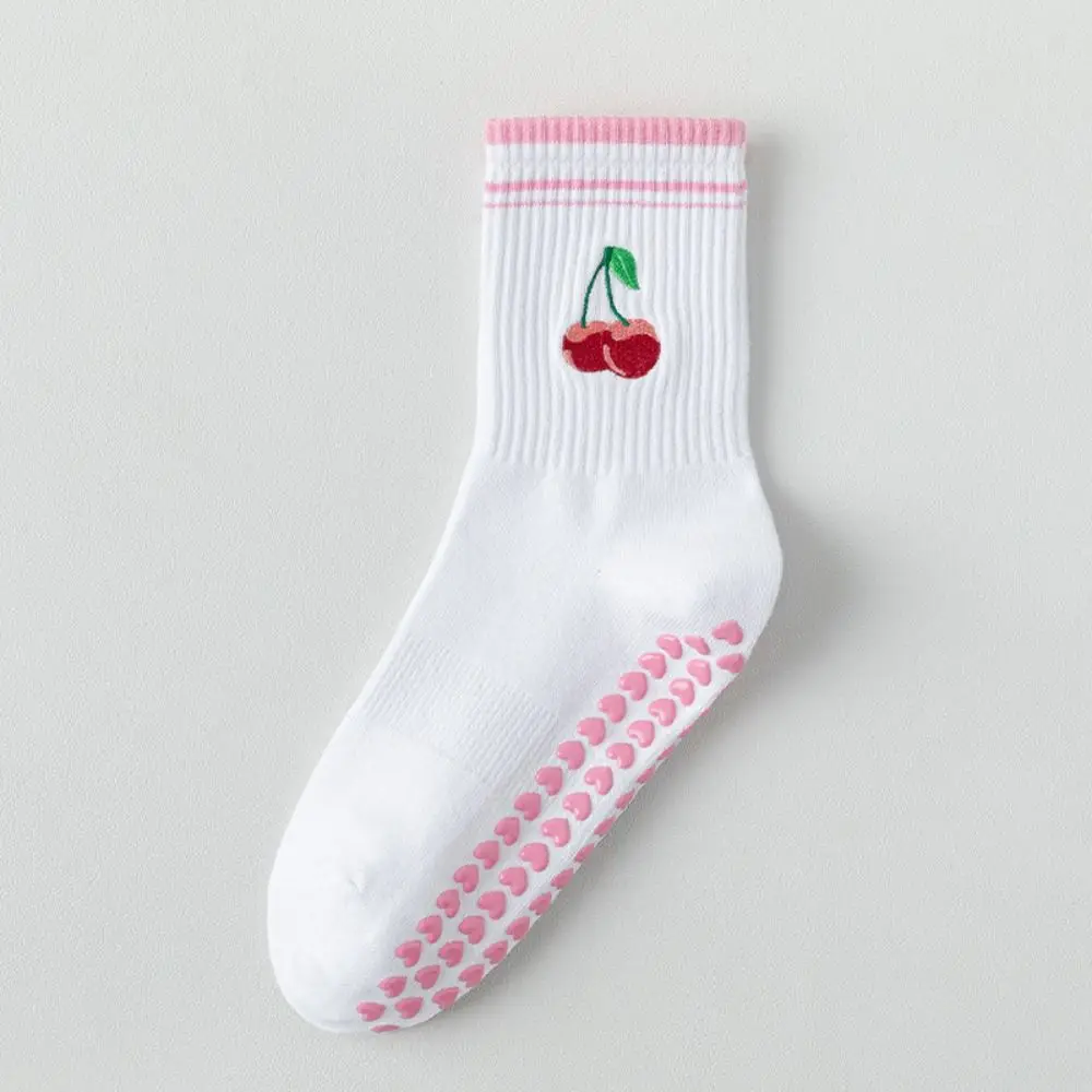 New Cotton Pilates Socks Breathable Sweat-absorbent Cherry Embroidery Socks Harajuku Street Casual Yoga Socks