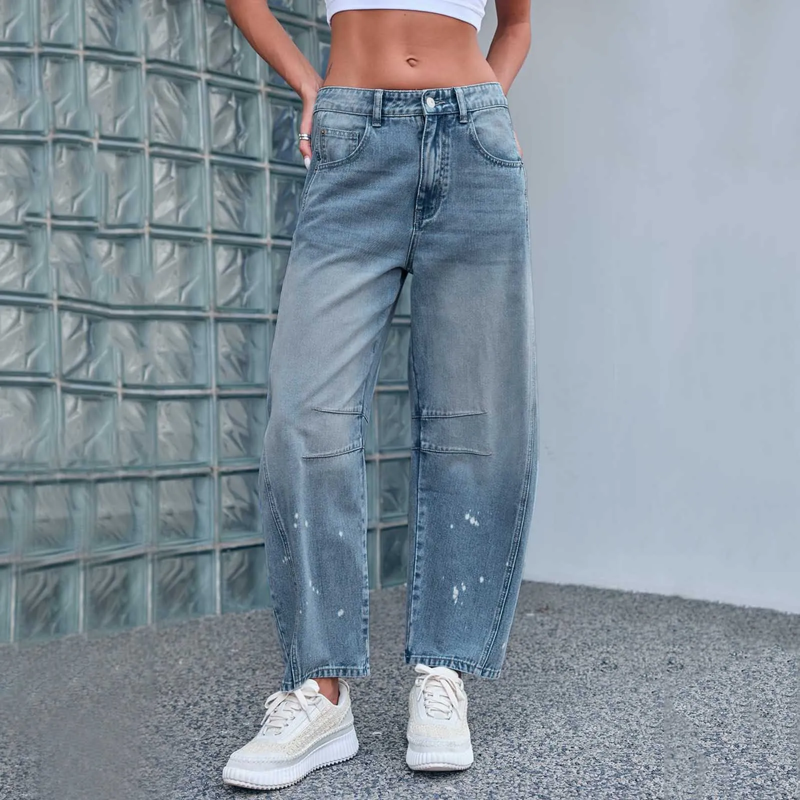 

Mid Rise Barrel Jeans For Women Wide Leg Mid Waist Cropped Denim Pants Baggy Boyfriend Jeans With Pockets Fashion Women Jeans