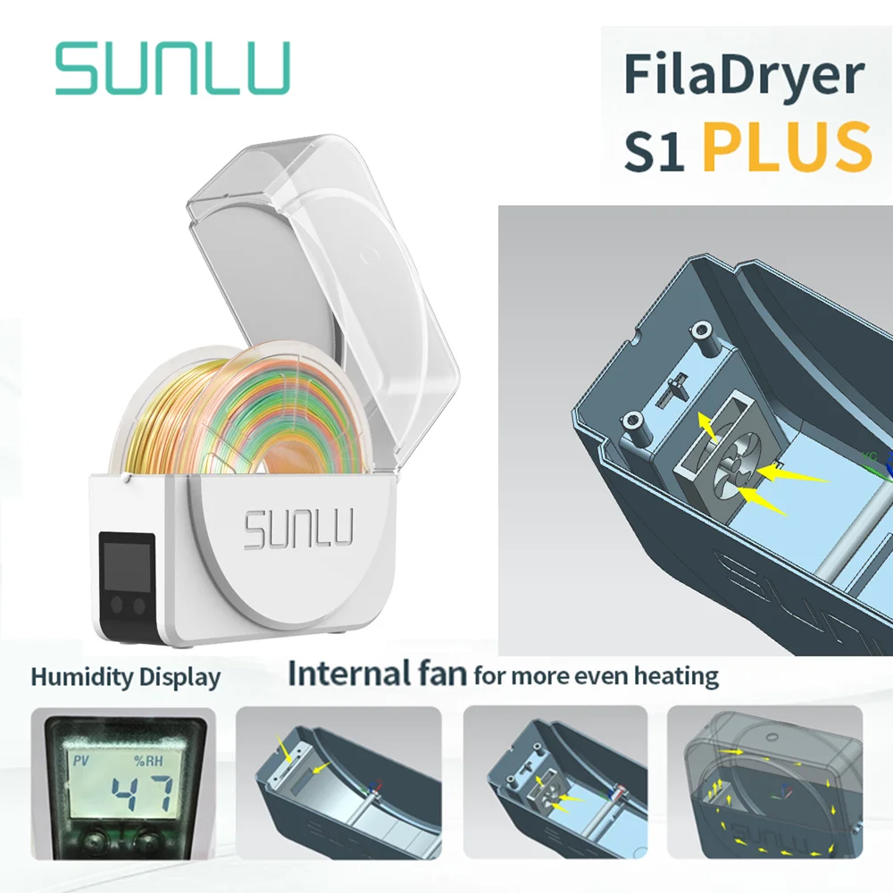 SUNLU 3D Filament Dry Box S1 PLUS More Uniform Temperature Built-In Fan Long Press Right To Check Humidity Timing Function