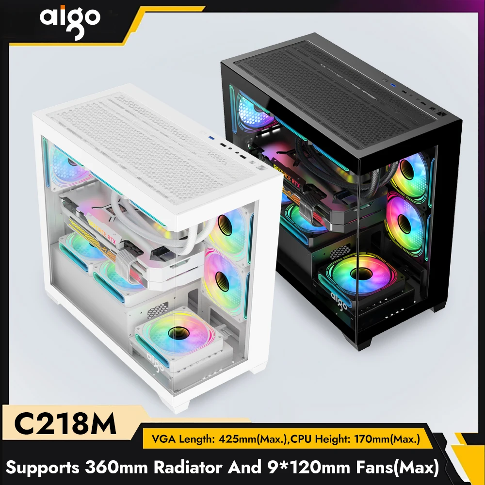Aigo C218M PC Case Supports 360 Water Cooled M-ATX/ITX Chassis Sea View Room 270&deg;Full View Without Column Desktop Computer Case