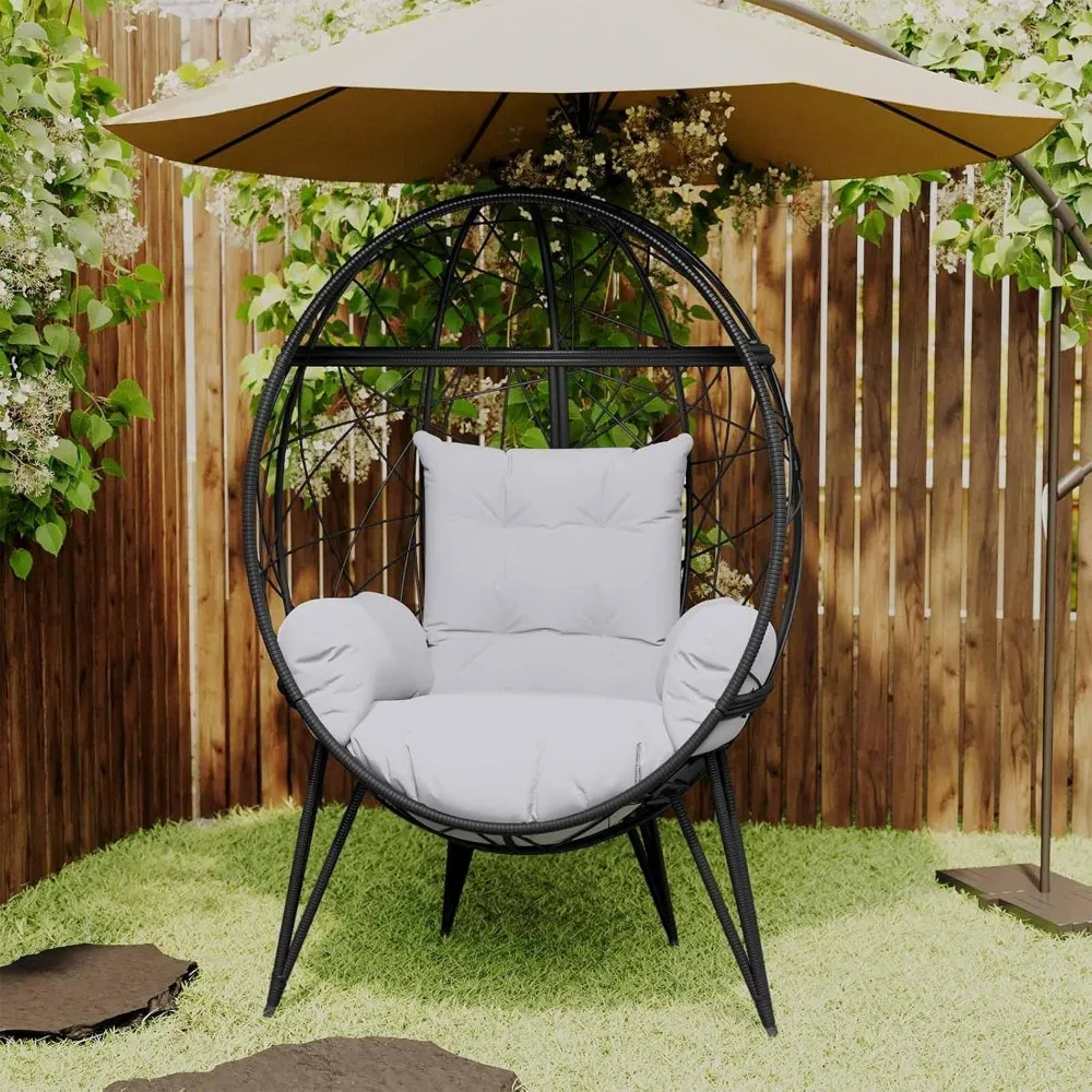 Wicker Egg Chair with Stand Cushion Outdoor Indoor Lounger Egg Basket Chair for Living Room, Backyard, Balcony, Patio (Black) 4