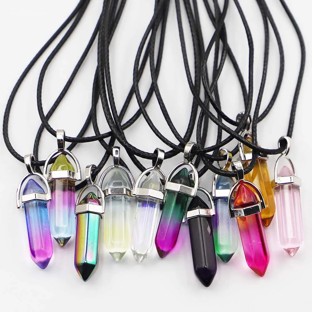 Natural Agate Glass Hexagonal Column Point Leather Cord Necklace