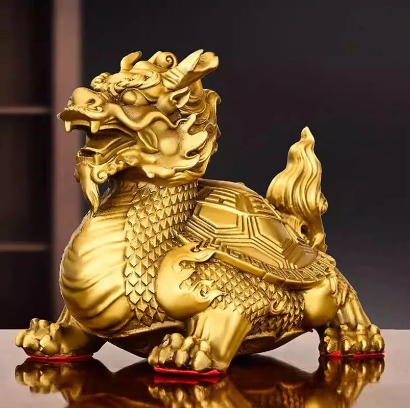 Pure Copper Dragon Turtle Statue Feng Shui Wealth Tortoise Sculpture with Bagua ，Chinese Mythical Bazha Xia Divine Beast