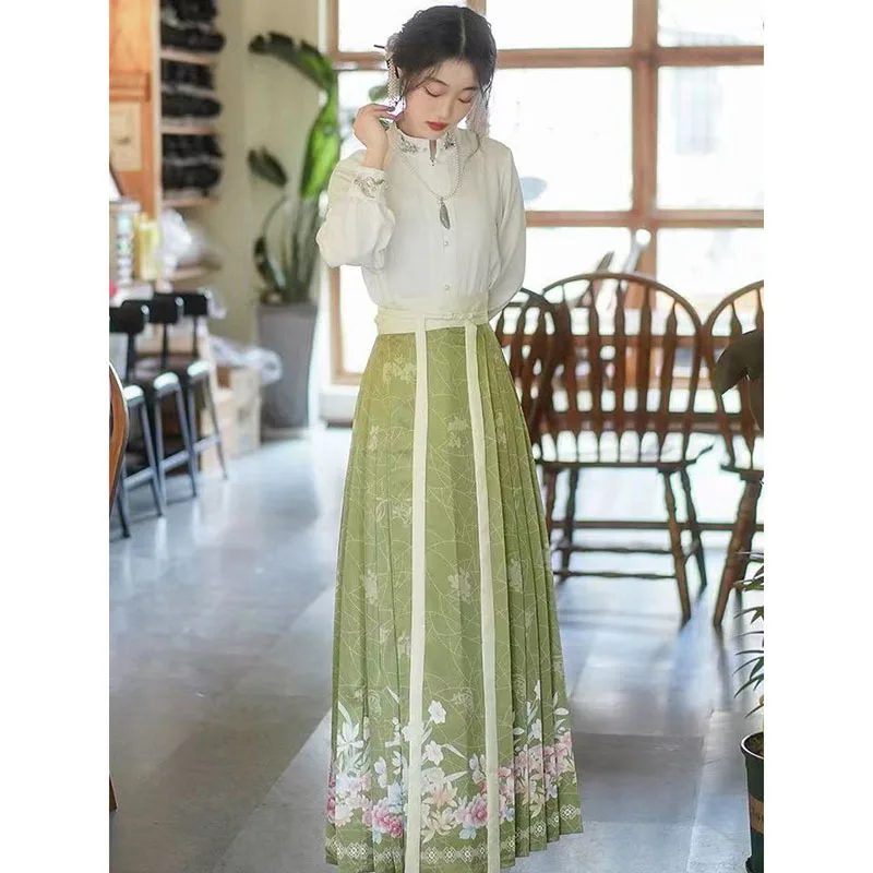 

Elegant Horse Face Skirt Chinese Traditional Hanfu Female Improved Long Sleeve Shirt Printed Skirt Two Pieces Daily Set