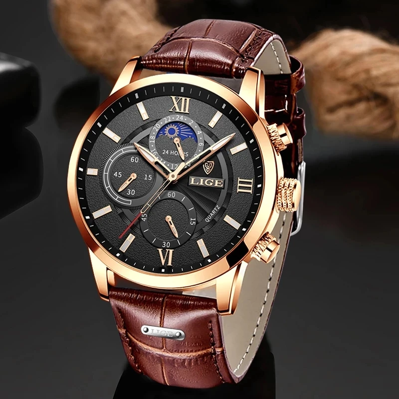 LIGE New Mens Watches Top Brand Luxury Leather Wristwatch Casual Quartz Watch Men's Sport Waterproof Clock Relogio Masculino+Box