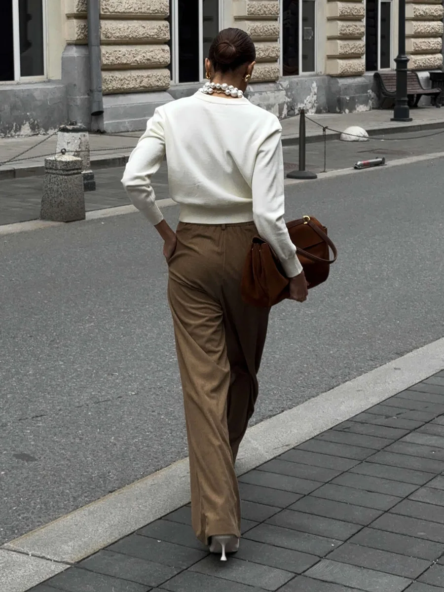 Bornladies Women's New Wide Leg Pants 100% Cotton Loose Fit Drapey Trendy Waist Autumn Winter Fashion Trousers