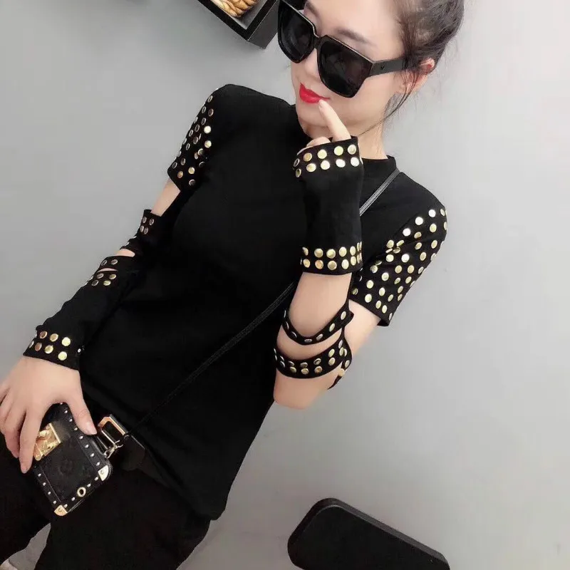 

Long Sleeve Cut Out Sleeve Black T-shirts Women Street Hip Top Rivet T-shirts Lady Female Rivet Hollow Out Tops