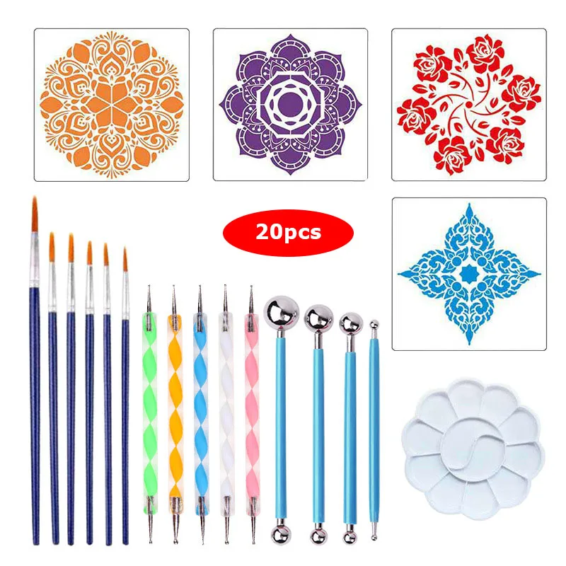 53/35pcs DIY 스톤 만다라 도트 도구 그림 바위 스톤 펜 엠보싱 스타터 드로잉 스텐실 템플릿 브러시 트레이 키트