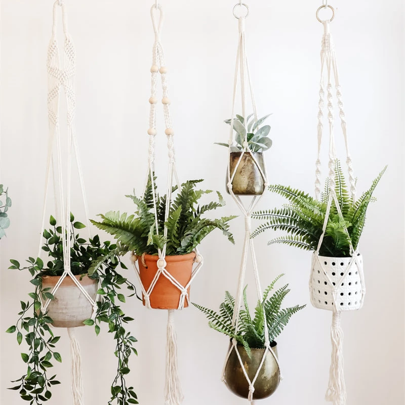 Handmade Cotton Macrame Plant Holder - Decorative Hanging Basket for Indoor and Outdoor Spaces