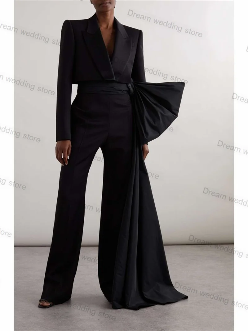 Women Suit Pants Set Formal 2 Pieces Black Women Suits Pant Set Short Blazer + Trousers With Bow Lady Coat Luxury Wedding Tuxedo Jacket Customized