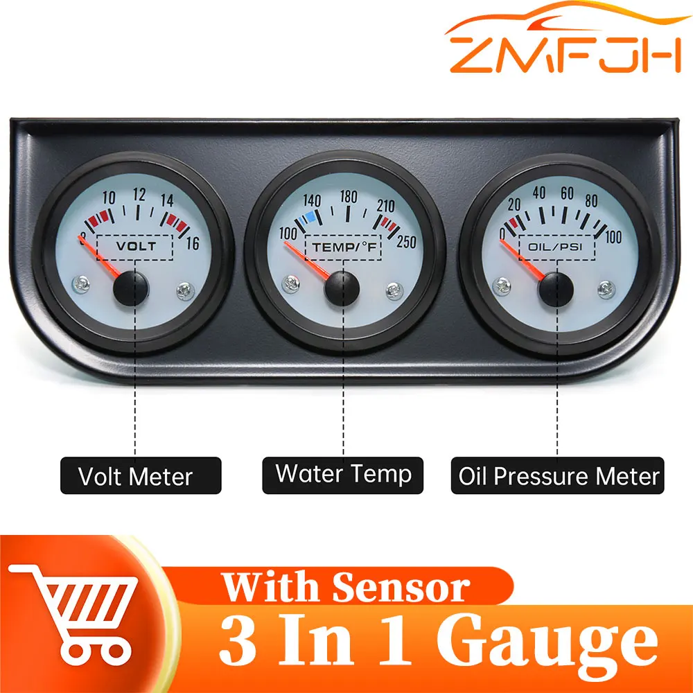 52MM 3 In 1 Frame Triple Meter Voltage + Water Temp Gauge + Oil