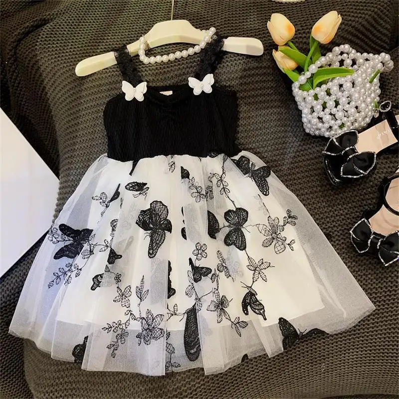 

Children's Dress Summer New Design Baby Girls Princess Dress Spliced Bra Butterflies Embroidered Waist Mesh Sling Dress