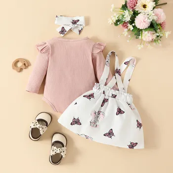 3 6 12 24 Months Infant Baby Girls Clothes Sets Cartoon Elephant Long Sleeve Rib Romper +Suspender Skirts+Headband 3Pcs Outfits 3