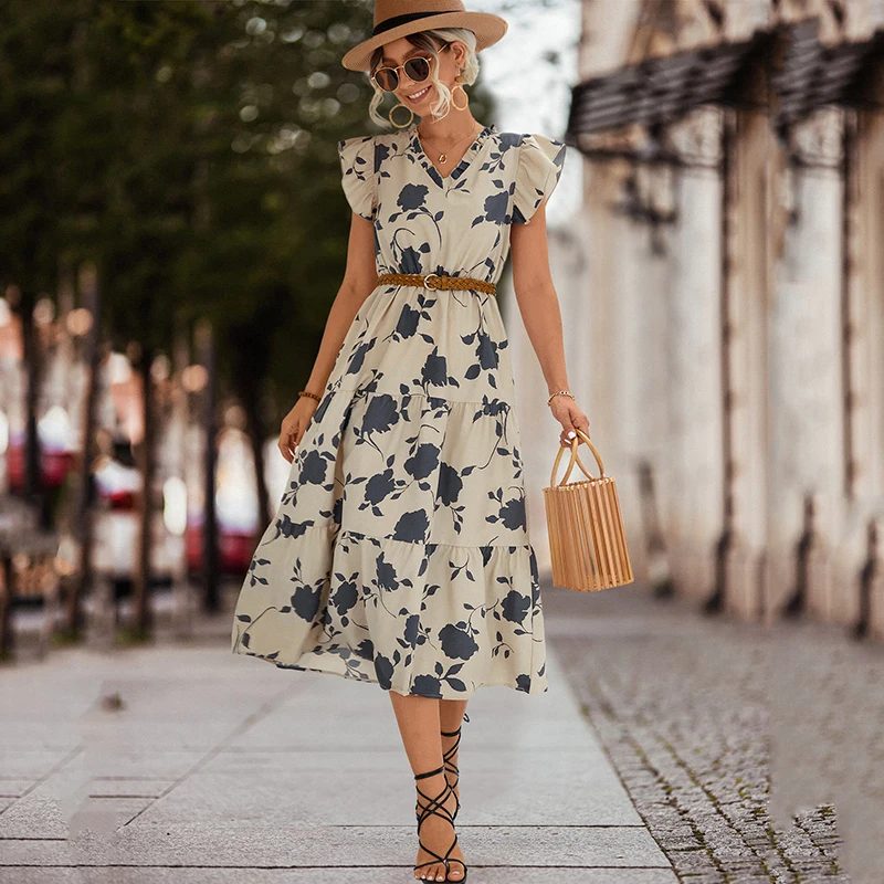 

Платье женское ТРАПЕЦИЕВИДНОЕ с цветочным принтом, высокой талией и V-образным вырезом